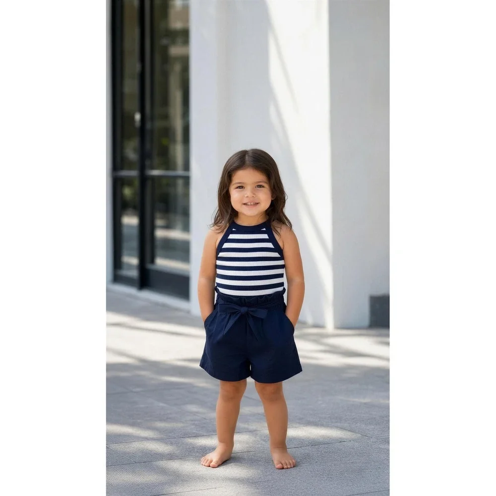 Max Studio Girls Navy White Striped Halter Top Shorts & Backpack 3pc Set XS 4